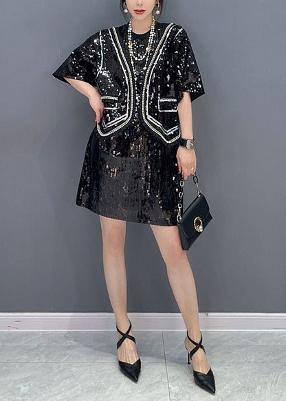 Handmade Black Sequins Patchwork False Two Pieces Dresses Spring LC0362 - fabuloryshop