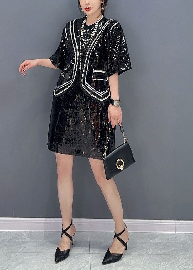 Handmade Black Sequins Patchwork False Two Pieces Dresses Spring LC0362 - fabuloryshop