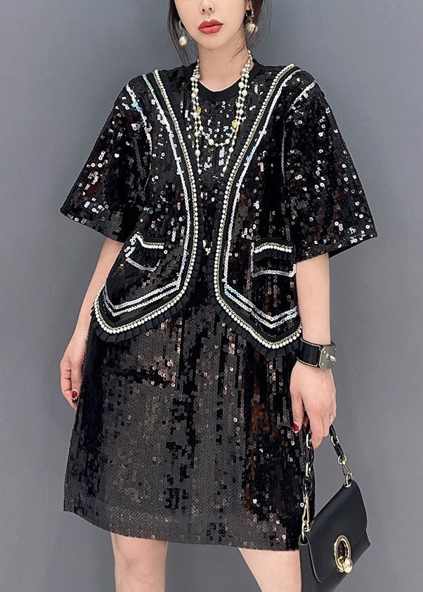 Handmade Black Sequins Patchwork False Two Pieces Dresses Spring LC0362 - fabuloryshop