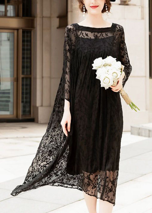 Handmade Black Square Collar Embroideried Silk A Line Dresses Summer LY0959 - fabuloryshop