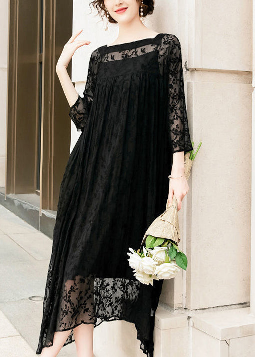 Handmade Black Square Collar Embroideried Silk A Line Dresses Summer LY0959 - fabuloryshop