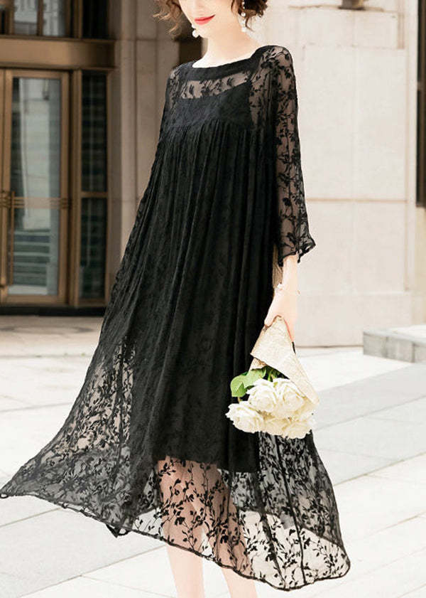 Handmade Black Square Collar Embroideried Silk A Line Dresses Summer LY0959 - fabuloryshop