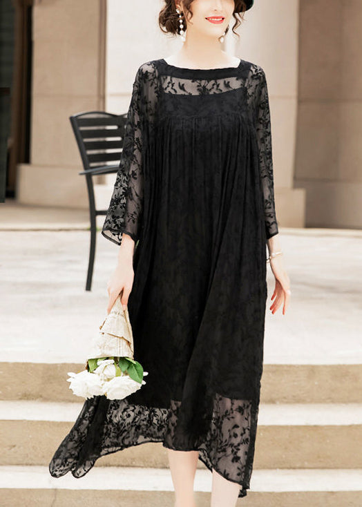 Handmade Black Square Collar Embroideried Silk A Line Dresses Summer LY0959 - fabuloryshop