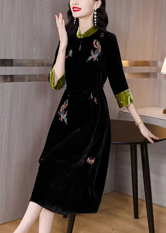 Handmade Black Stand Collar Embroidered Pockets Silk Velour Long Dresses Long Sleeve Ada Fashion