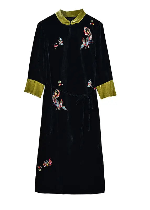 Handmade Black Stand Collar Embroidered Pockets Silk Velour Long Dresses Long Sleeve Ada Fashion