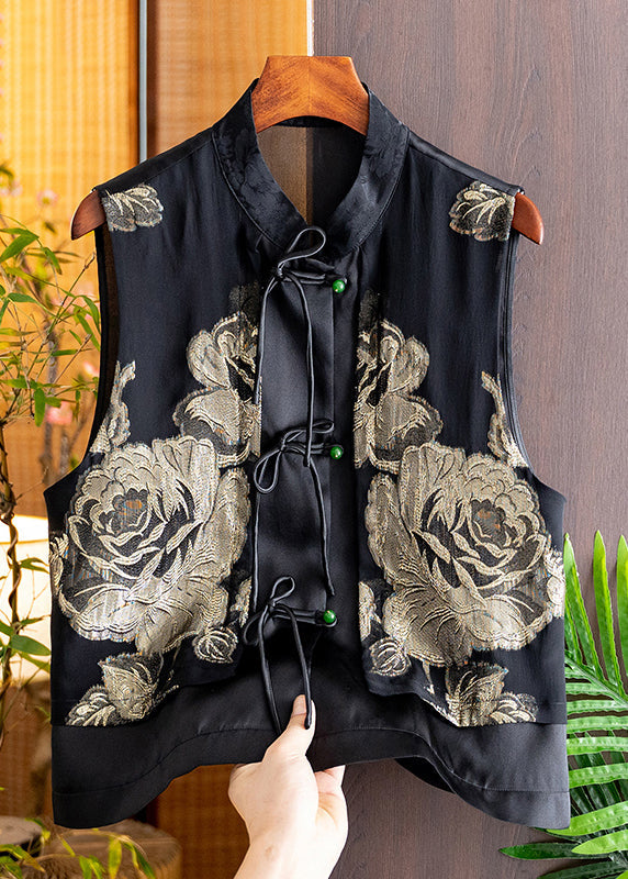 Handmade Black Stand Collar Embroideried Button Silk Cardigans Sleeveless Ada Fashion