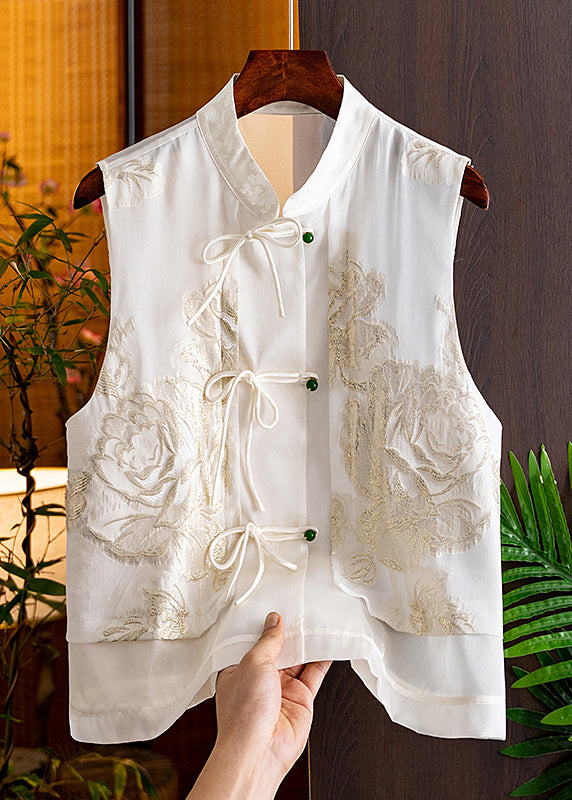 Handmade Black Stand Collar Embroideried Button Silk Cardigans Sleeveless Ada Fashion