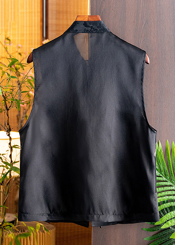 Handmade Black Stand Collar Embroideried Button Silk Cardigans Sleeveless Ada Fashion