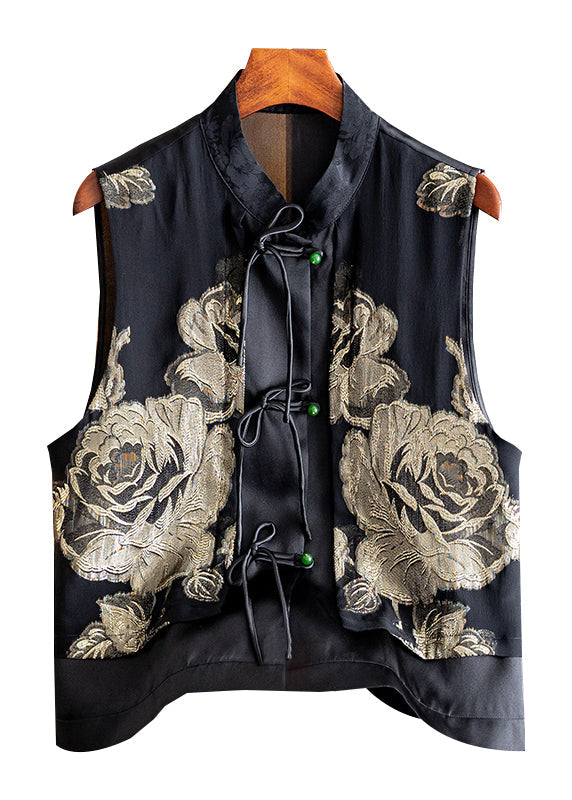 Handmade Black Stand Collar Embroideried Button Silk Cardigans Sleeveless Ada Fashion