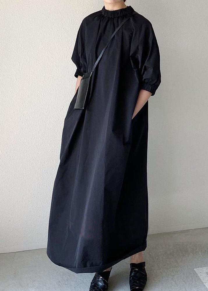 Handmade Black Stand Collar Patchwork Cotton Long Dress Half Sleeve LY1989 - fabuloryshop