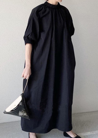 Handmade Black Stand Collar Patchwork Cotton Long Dress Half Sleeve LY1989 - fabuloryshop