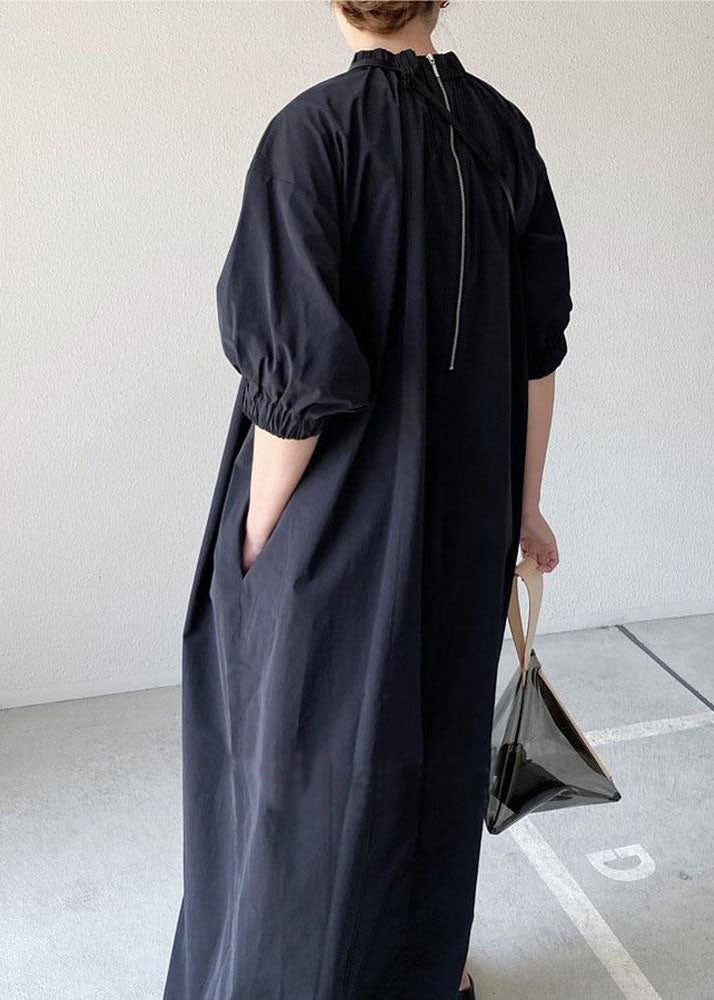 Handmade Black Stand Collar Patchwork Cotton Long Dress Half Sleeve LY1989 - fabuloryshop