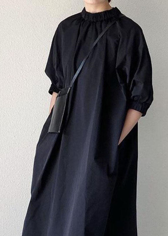 Handmade Black Stand Collar Patchwork Cotton Long Dress Half Sleeve LY1989 - fabuloryshop