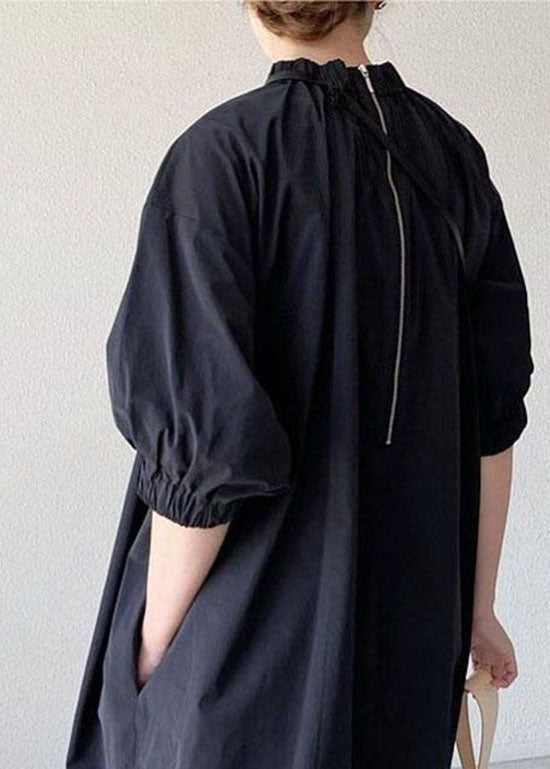 Handmade Black Stand Collar Patchwork Cotton Long Dress Half Sleeve LY1989 - fabuloryshop