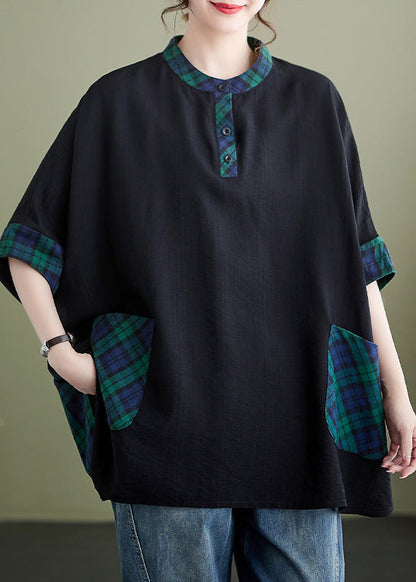 Handmade Black Stand Collar Plaid Button Top Half Sleeve LY6035 - fabuloryshop