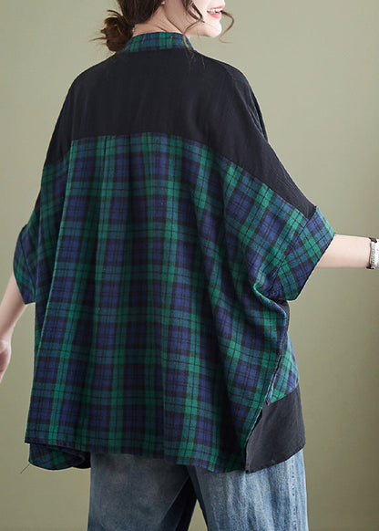 Handmade Black Stand Collar Plaid Button Top Half Sleeve LY6035 - fabuloryshop