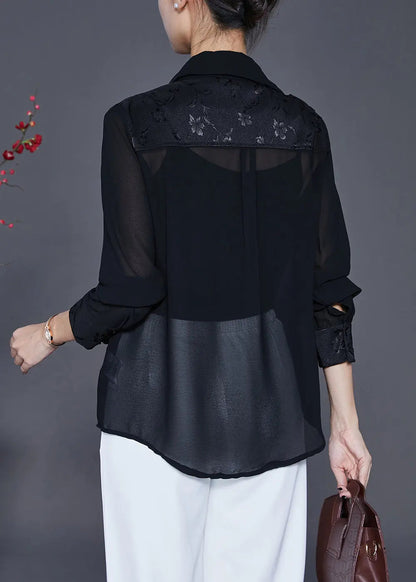 Handmade Black Tasseled Patchwork Silk Fake Two Piece Blouse Top Fall Ada Fashion