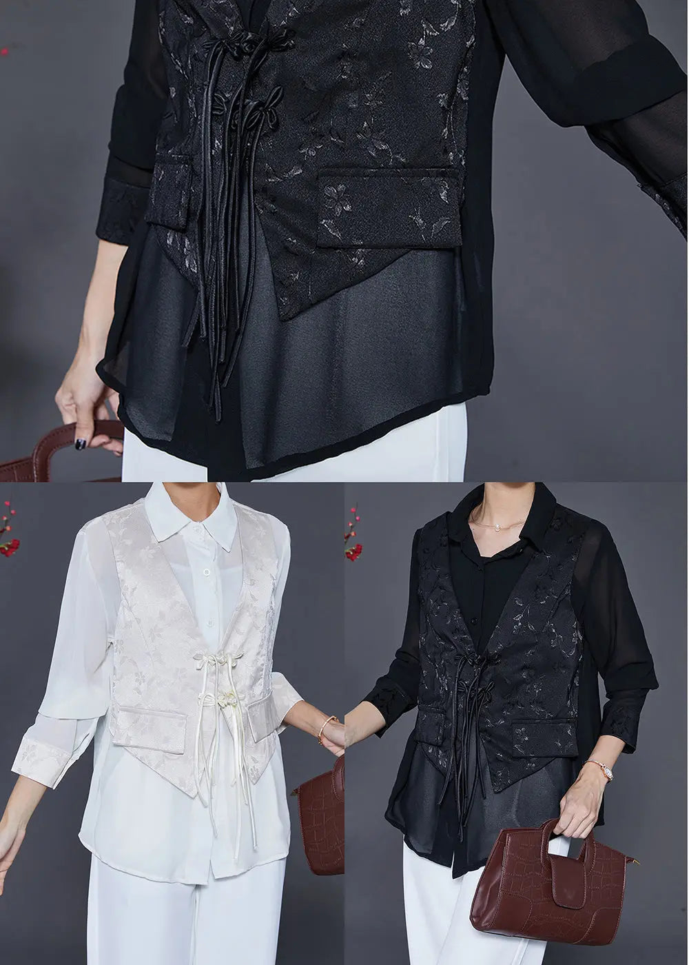 Handmade Black Tasseled Patchwork Silk Fake Two Piece Blouse Top Fall Ada Fashion