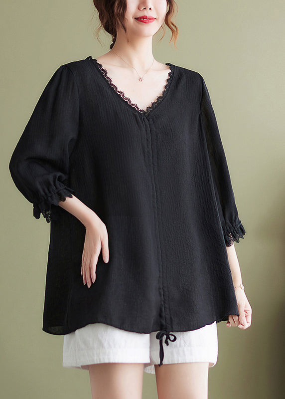 Handmade Black V Neck Patchwork Cotton Tops Half Sleeve LY7293 - fabuloryshop