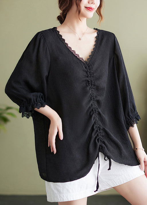 Handmade Black V Neck Patchwork Cotton Tops Half Sleeve LY7293 - fabuloryshop