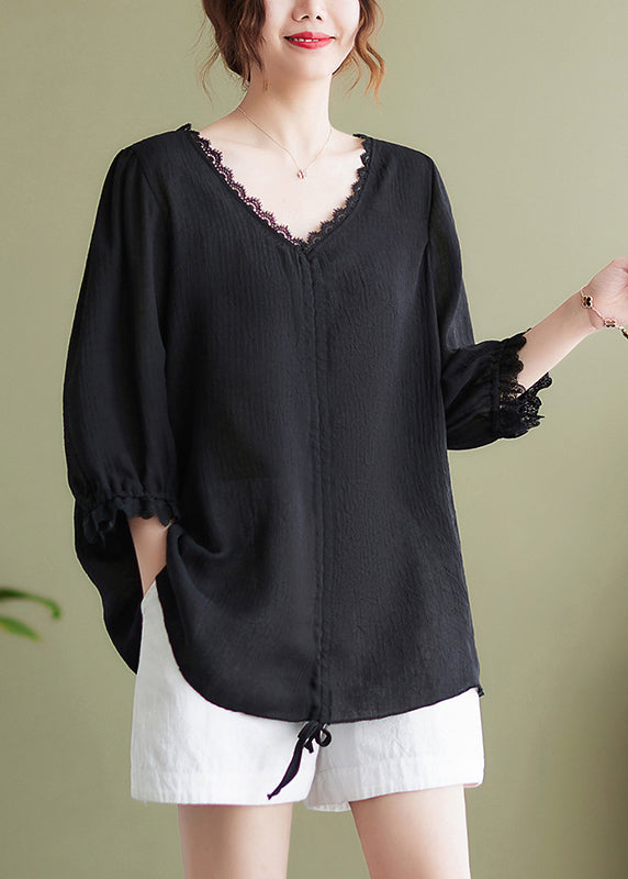 Handmade Black V Neck Patchwork Cotton Tops Half Sleeve LY7293 - fabuloryshop