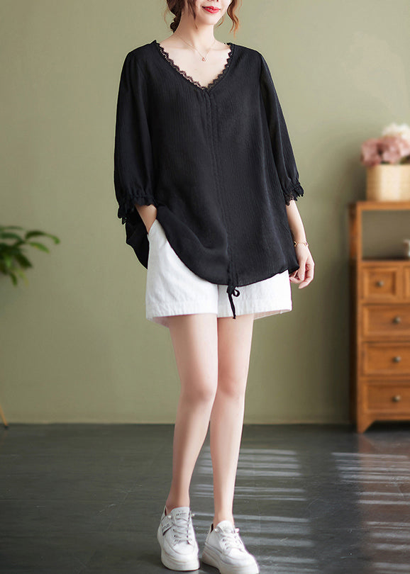 Handmade Black V Neck Patchwork Cotton Tops Half Sleeve LY7293 - fabuloryshop