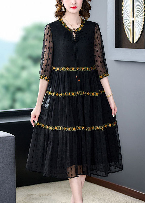 Handmade Black Wrinkled Embroideried Patchwork Silk Dress Summer LY5917 - fabuloryshop