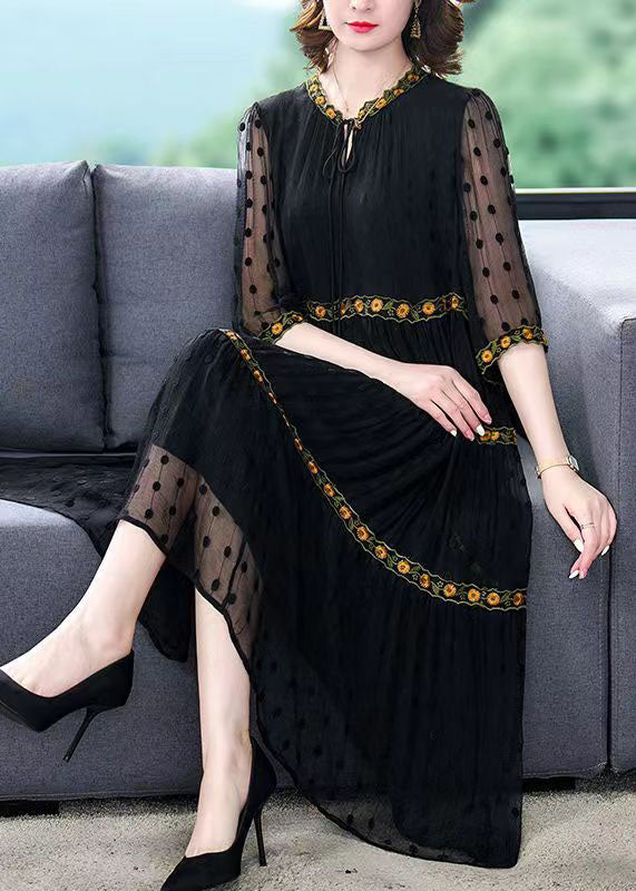 Handmade Black Wrinkled Embroideried Patchwork Silk Dress Summer LY5917 - fabuloryshop