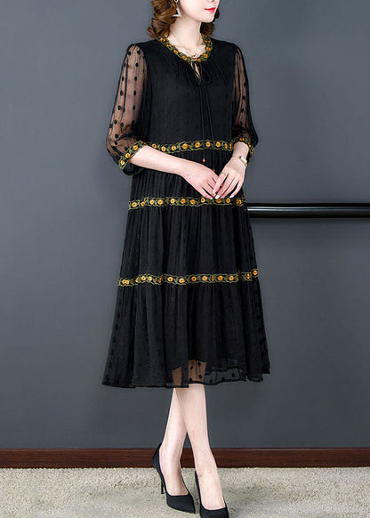 Handmade Black Wrinkled Embroideried Patchwork Silk Dress Summer LY5917 - fabuloryshop