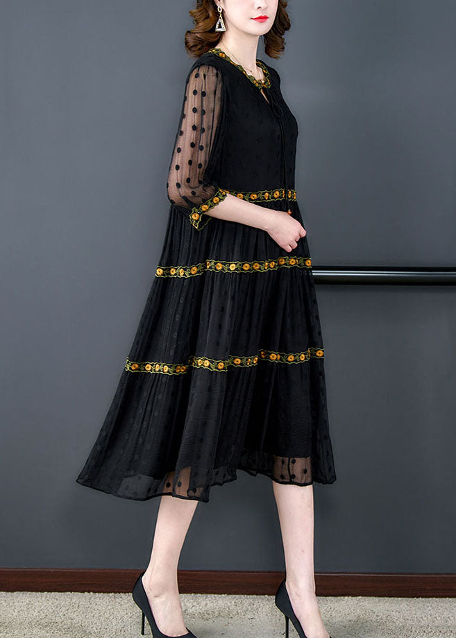 Handmade Black Wrinkled Embroideried Patchwork Silk Dress Summer LY5917 - fabuloryshop