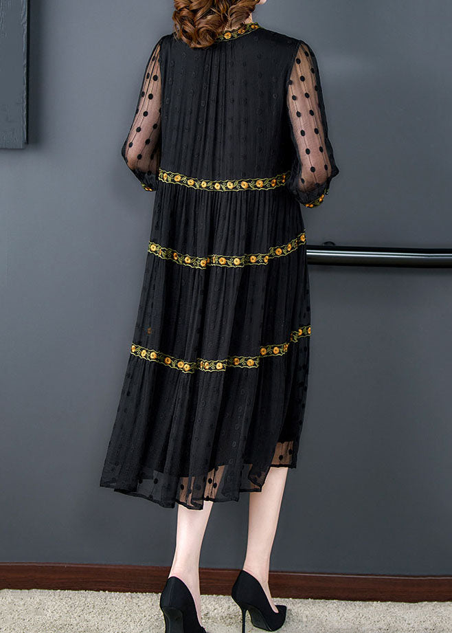 Handmade Black Wrinkled Embroideried Patchwork Silk Dress Summer LY5917 - fabuloryshop