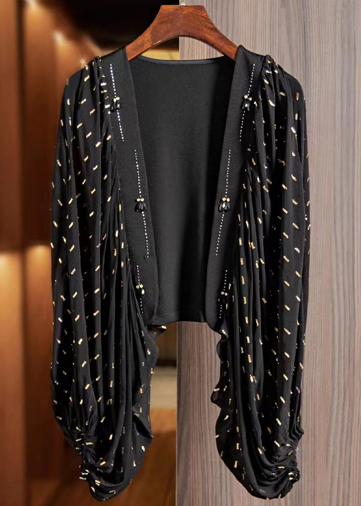 Handmade Black Zircon Wrinkled Patchwork Cotton Cardigan Long Sleeve Ada Fashion