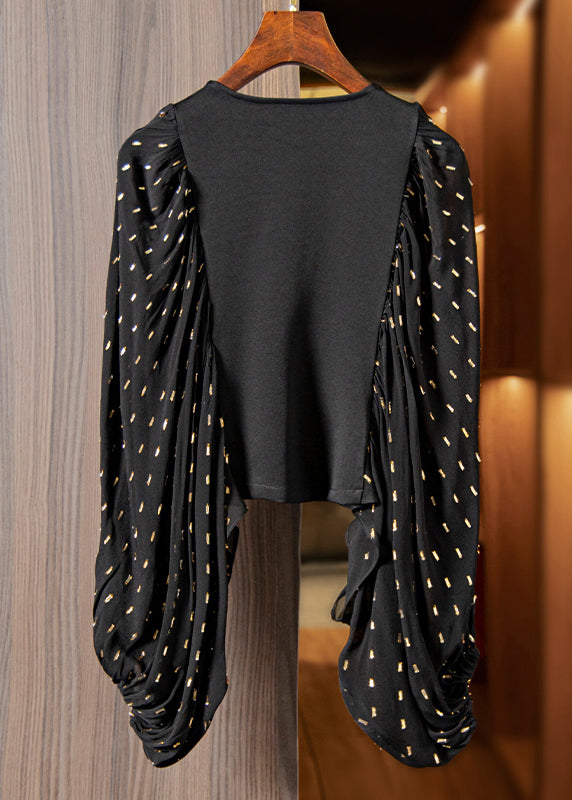 Handmade Black Zircon Wrinkled Patchwork Cotton Cardigan Long Sleeve Ada Fashion