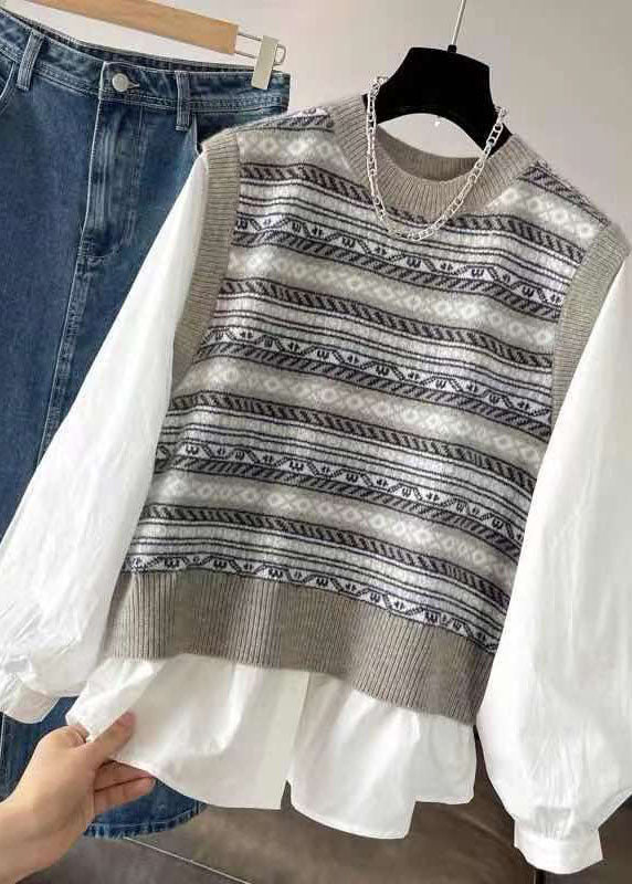 Handmade Blackish Green O-Neck Print Patchwork Knit Tops Fall Ada Fashion