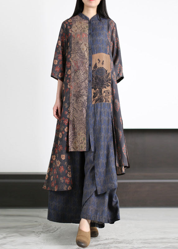 Handmade Blue Asymmetrical Print Patchwork Silk Two Pieces Set Summer LY5176 - fabuloryshop