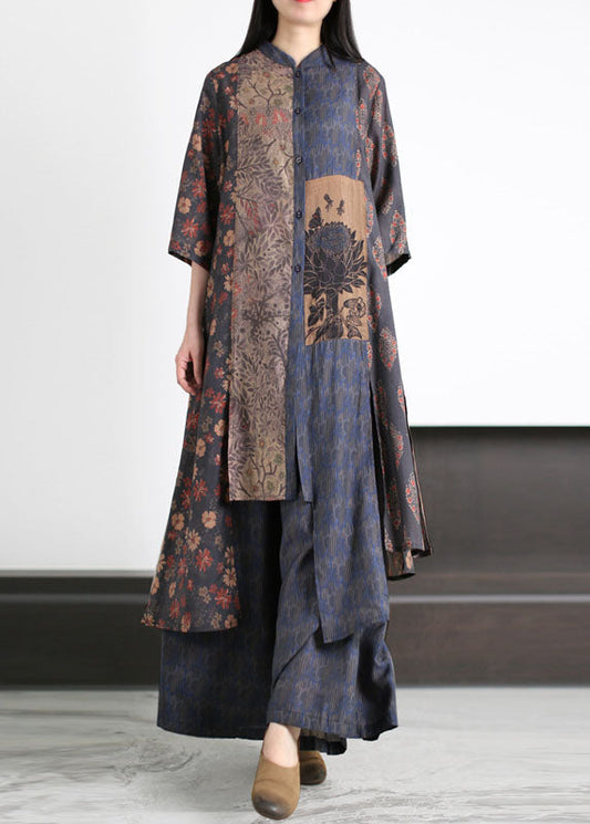 Handmade Blue Asymmetrical Print Patchwork Silk Two Pieces Set Summer LY5176 - fabuloryshop