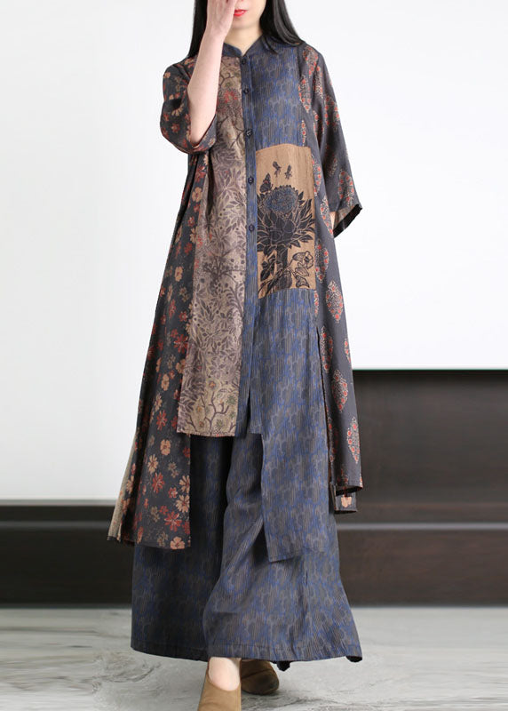Handmade Blue Asymmetrical Print Patchwork Silk Two Pieces Set Summer LY5176 - fabuloryshop