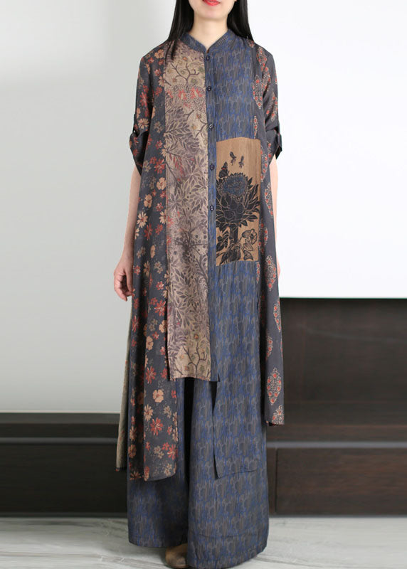 Handmade Blue Asymmetrical Print Patchwork Silk Two Pieces Set Summer LY5176 - fabuloryshop