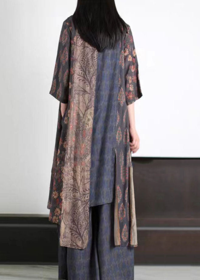 Handmade Blue Asymmetrical Print Patchwork Silk Two Pieces Set Summer LY5176 - fabuloryshop