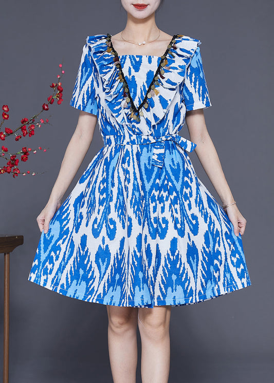 Handmade Blue Cinched Print Linen Vacation Dress Summer LY3698