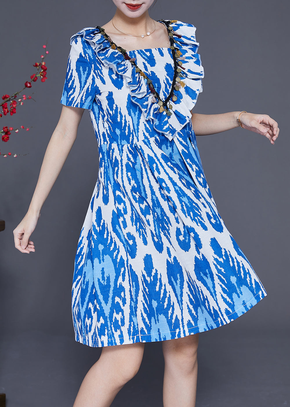 Handmade Blue Cinched Print Linen Vacation Dress Summer LY3698 - fabuloryshop