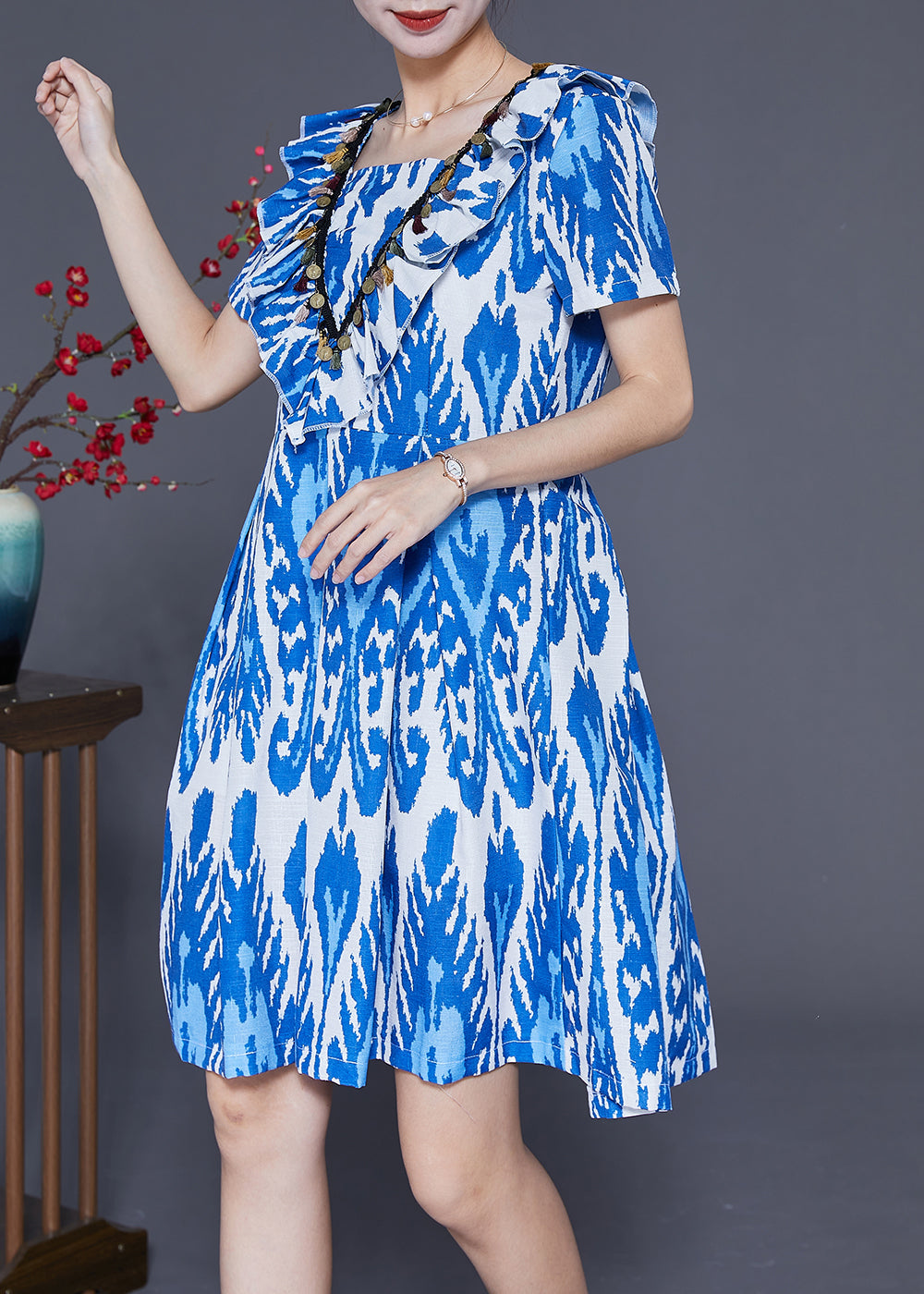 Handmade Blue Cinched Print Linen Vacation Dress Summer LY3698 - fabuloryshop