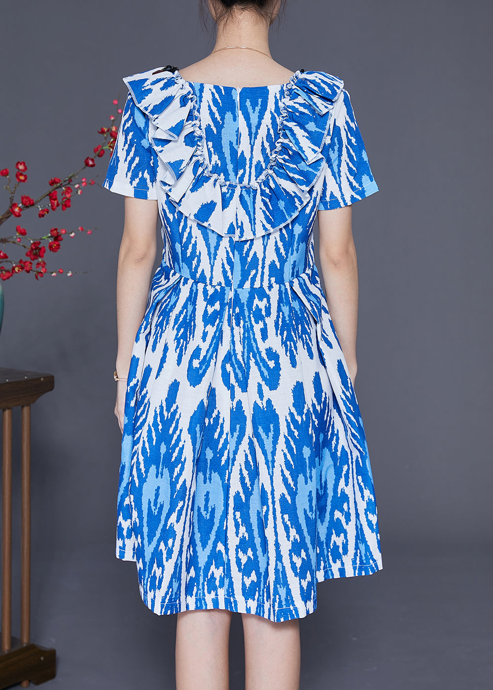 Handmade Blue Cinched Print Linen Vacation Dress Summer LY3698 - fabuloryshop