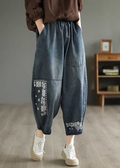 Handmade Blue Embroideried Patchwork Pockets Denim Harem Pants Summer Ada Fashion