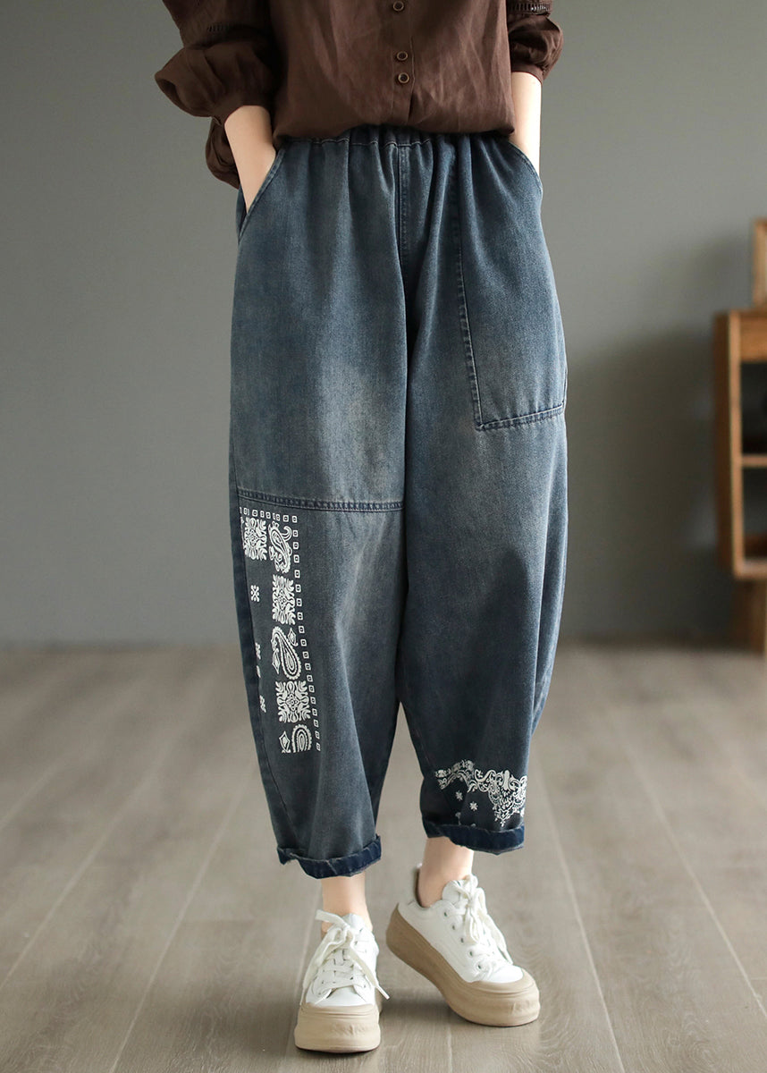 Handmade Blue Embroideried Patchwork Pockets Denim Harem Pants Summer Ada Fashion