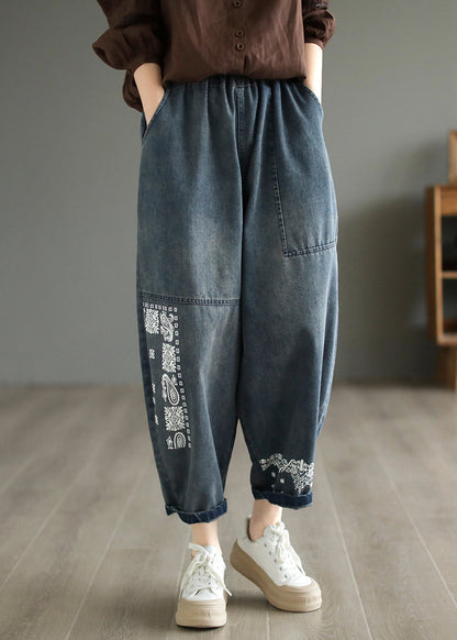 Handmade Blue Embroideried Patchwork Pockets Denim Harem Pants Summer Ada Fashion