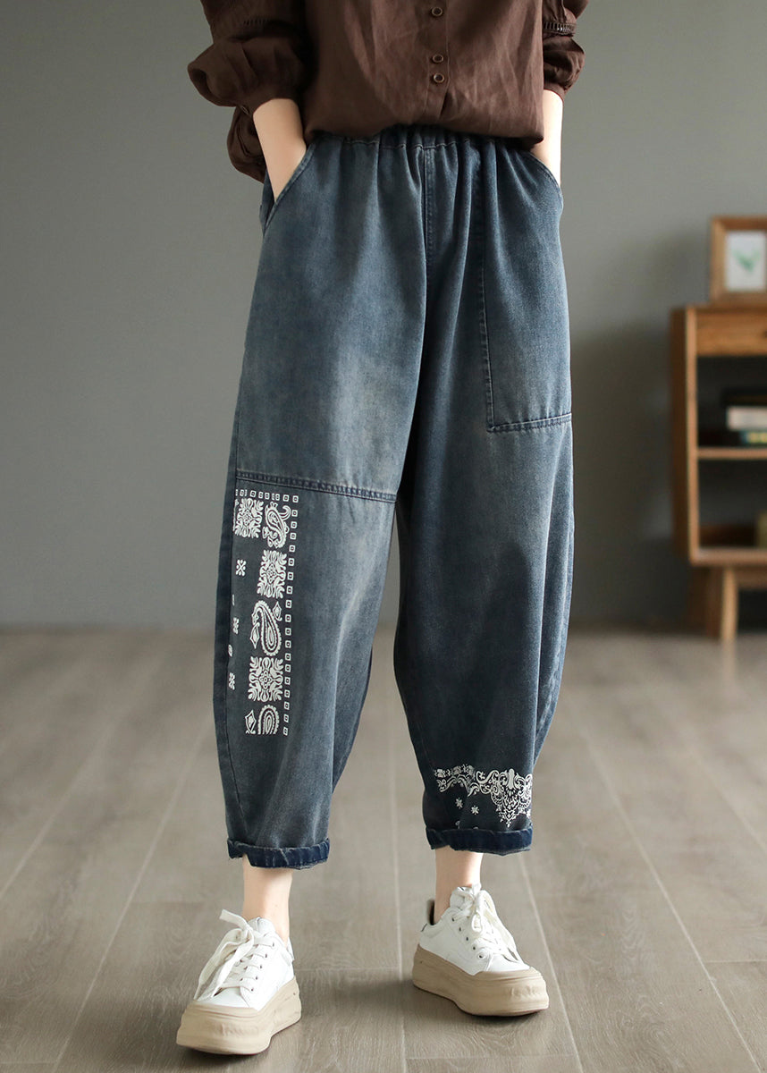 Handmade Blue Embroideried Patchwork Pockets Denim Harem Pants Summer Ada Fashion