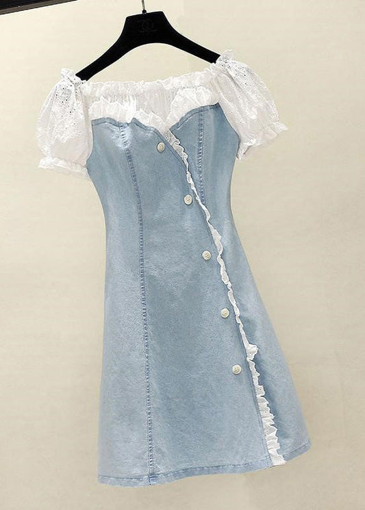 Handmade Blue Lace Patchwork Ruffled Button Denim Mid Dress Short Sleeve TY1072 - fabuloryshop