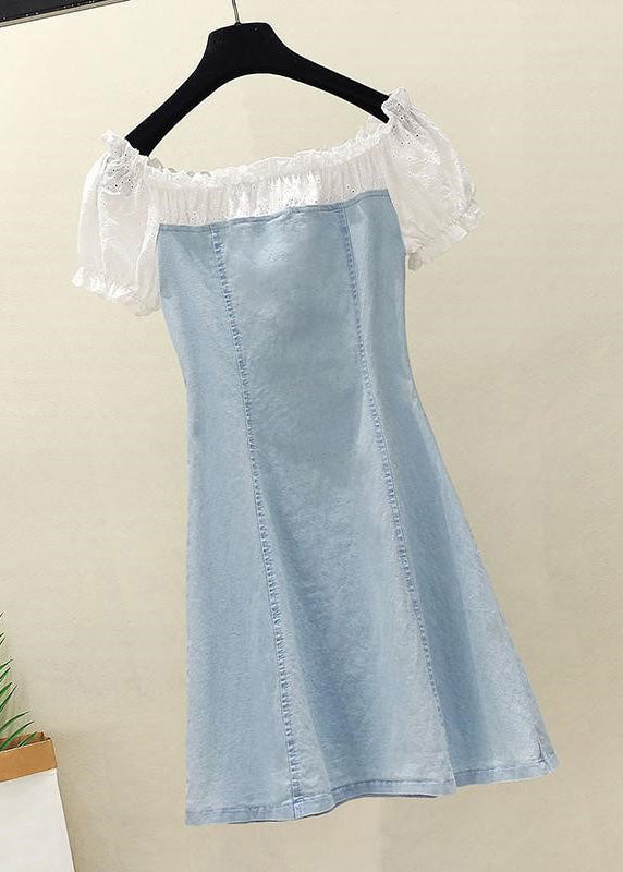 Handmade Blue Lace Patchwork Ruffled Button Denim Mid Dress Short Sleeve TY1072 - fabuloryshop