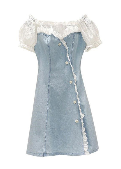 Handmade Blue Lace Patchwork Ruffled Button Denim Mid Dress Short Sleeve TY1072 - fabuloryshop